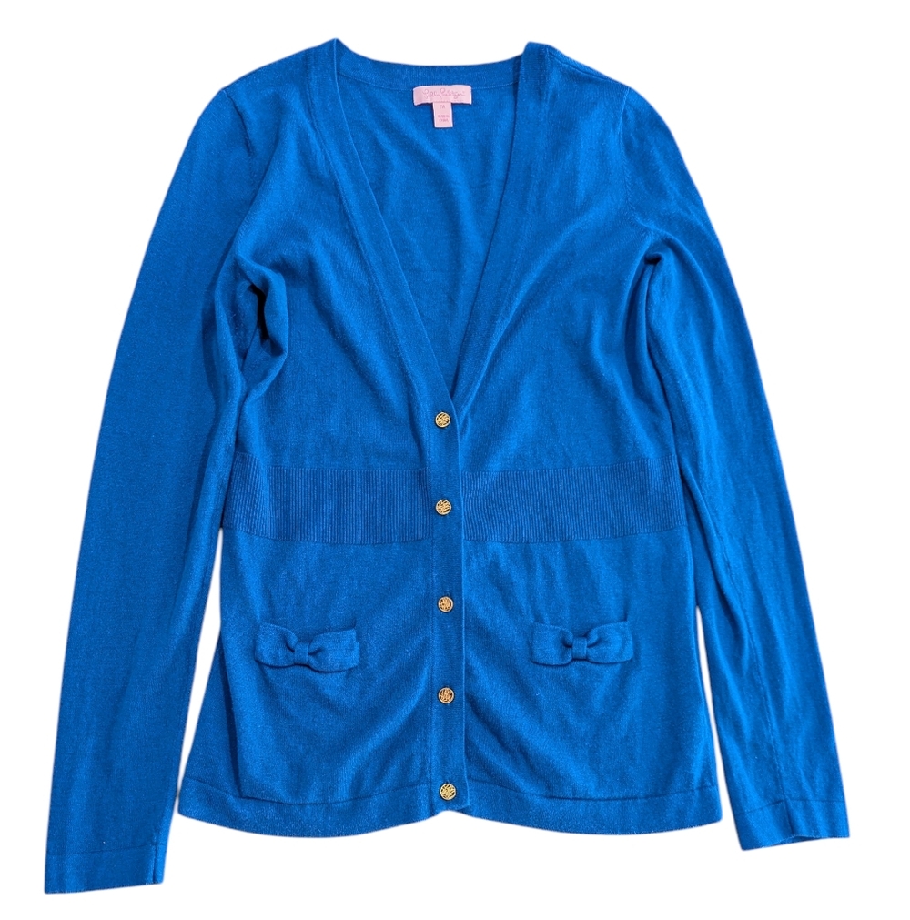 Lilly Pulitzer Sweater  Royal Blue Silk Blend Button Pockets Cardigan Sz M *GUC